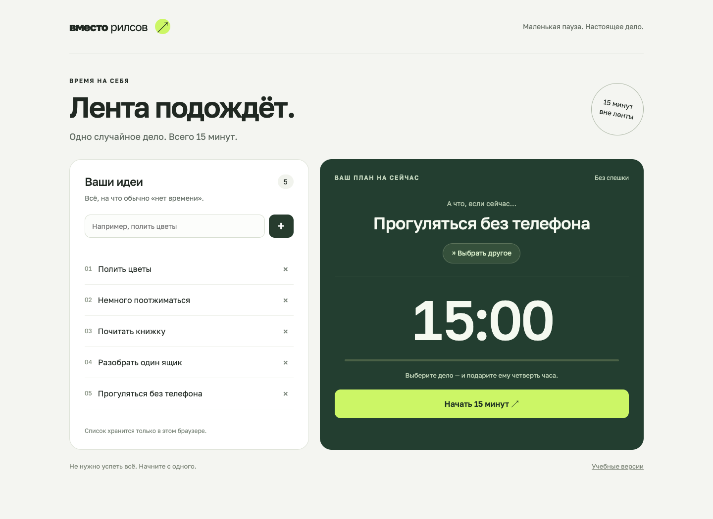 Работающий сайт: список занятий, выбранная прогулка и кнопка запуска таймера